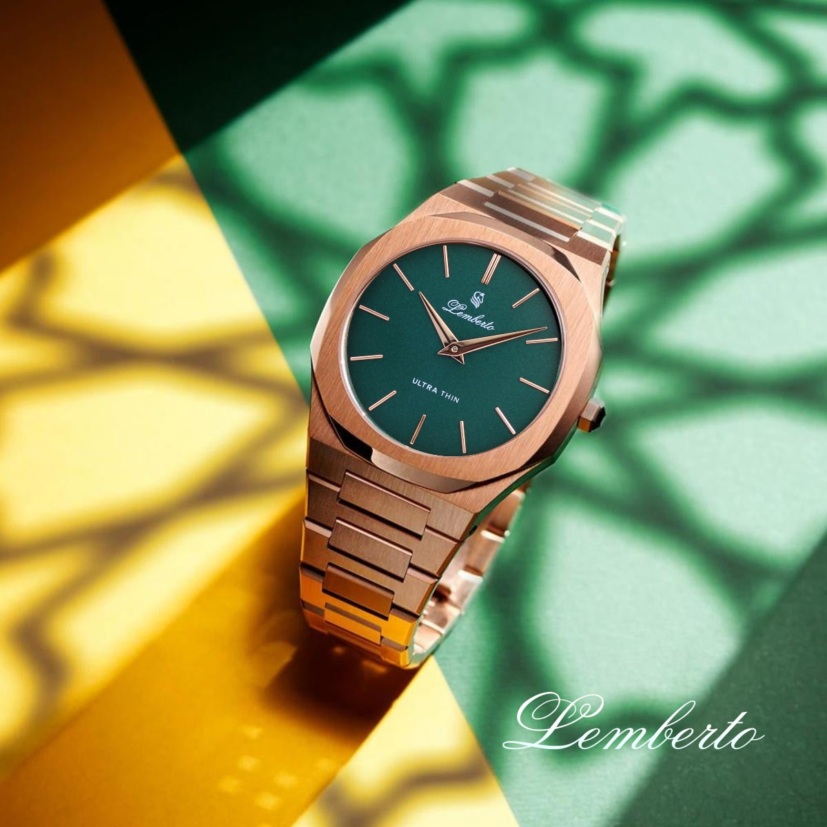 Men’s Ultra Thin Rose Gold & Emerald Green Watch by Lemberto