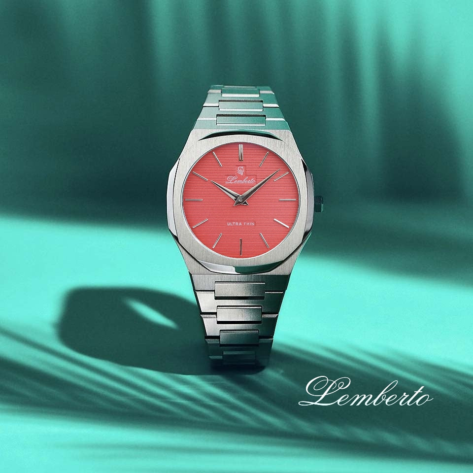 Men’s Ultra Thin Silver & Coral Pink / Salmon Watch by Lemberto