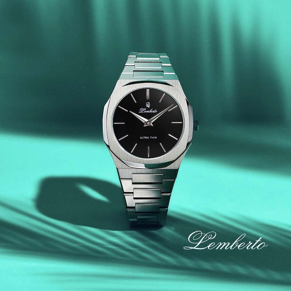 Men’s Ultra Thin Silver & Jet Black Watch by Lemberto
