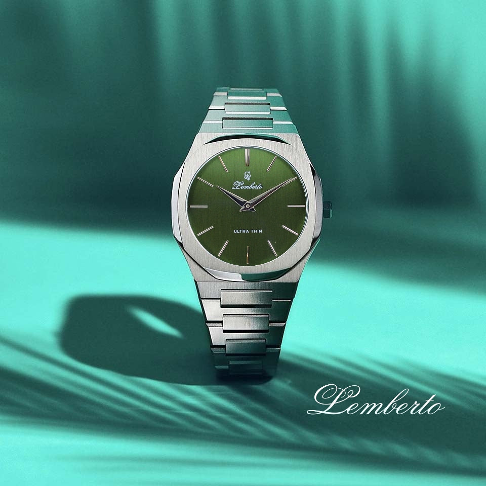 Men’s Ultra Thin Silver & Olive Green Watch by Lemberto